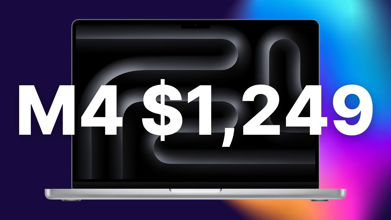 14-inch MacBook Pro laptop with a vibrant abstract background displays large white text 'M4 $1,249' on the screen.