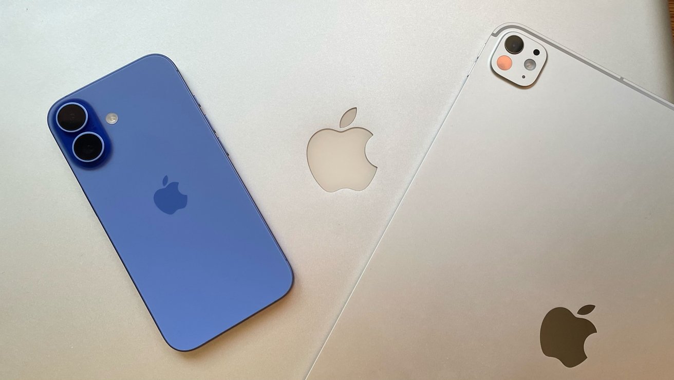 Blue smartphone and two silver electronic devices, featuring a prominent apple logo on each, arranged on a light background.
