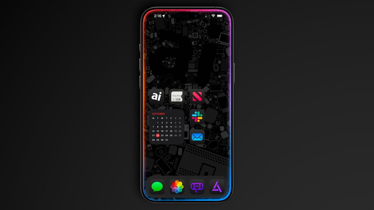 Smartphone screen displaying colorful app icons, a calendar widget for October, and a dark background with subtle shapes, featuring a glowing border transitioning from red to blue.