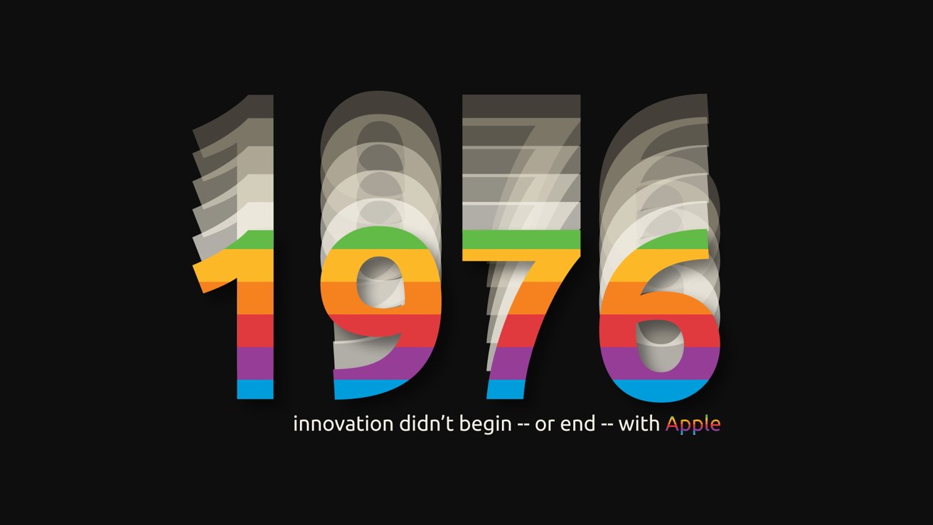 Stylized numbers 1976 with rainbow colors and shadow effect, on black background. Text below says, innovation didn't begin— or end— with Apple, with Apple in rainbow colors.