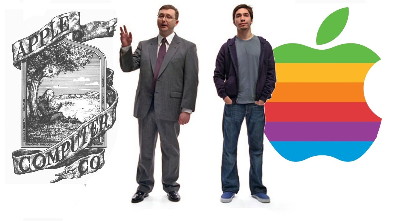 Man in a suit gesturing, casual-dressed man stands beside him; old Apple logo on left, colorful Apple logo on right.