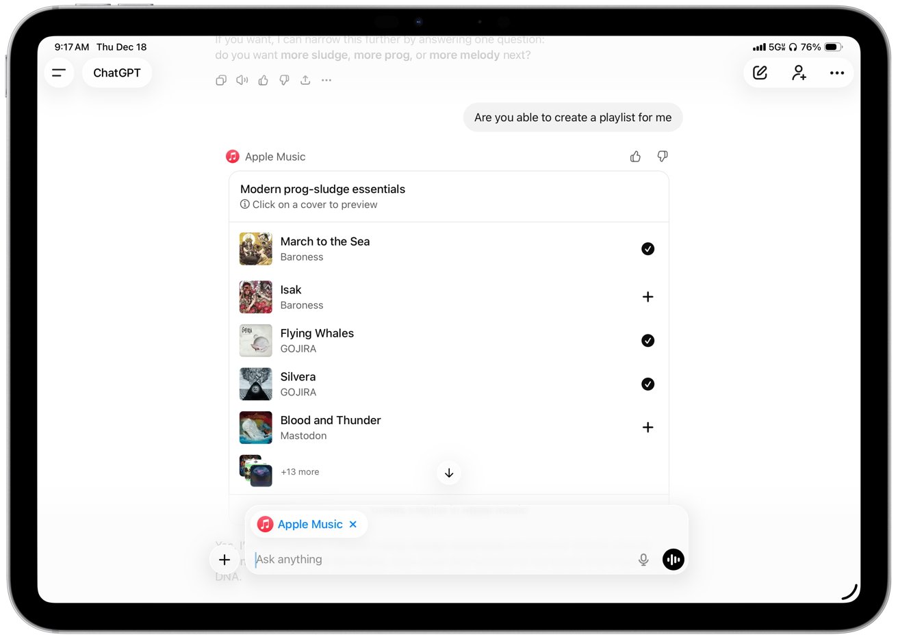 A screenshot of a music playlist called 'Modern prog-sludge essentials' featuring songs by Baronka, Gojira and Mastodon displayed on an iPad screen.