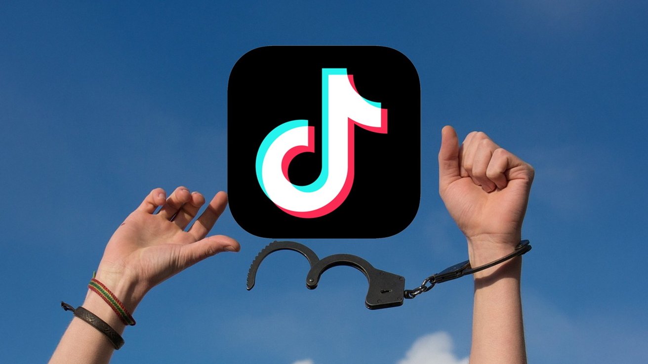 Hands raised against a blue sky, one bound and broken chain, the TikTok logo hovering above it.
