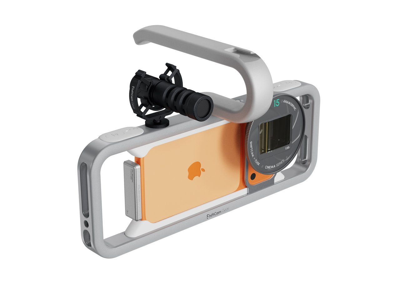 Smartphone camera rig with a gray frame, orange phone, mounted lens, and attached black microphone for enhanced video recording.
