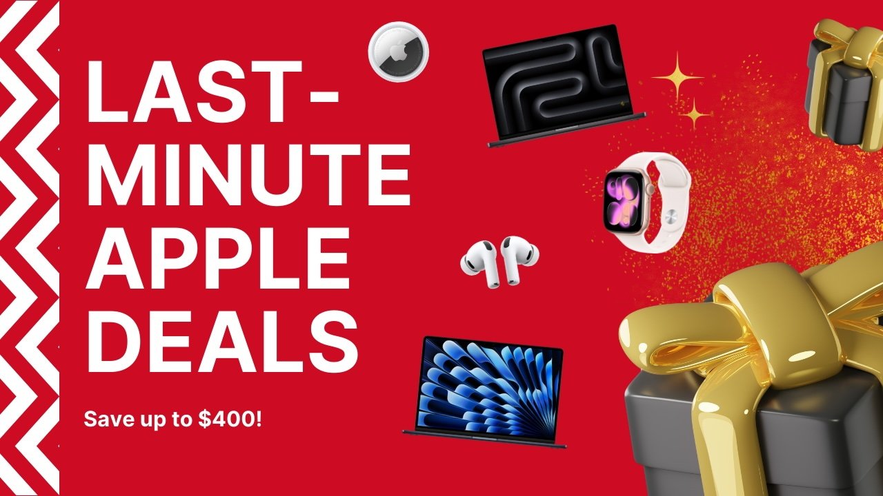 Red background with text 'Last-Minute Apple Deals,' showcasing various Apple products and a gold-wrapped gift box. Save up to $400.