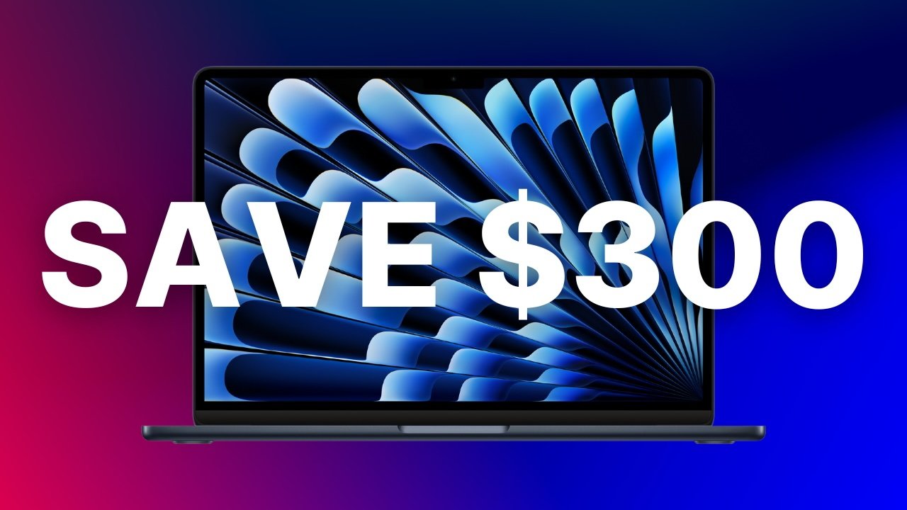 13-inch MacBook Air screen with abstract blue pattern, bold text overlaid saying Save $300, against a gradient blue and red background.
