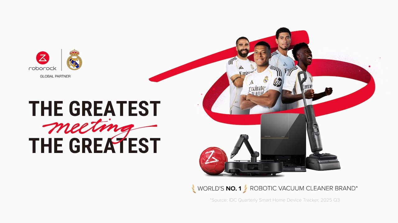Five soccer players in white jerseys stand against a red number seven backdrop, promoting Roborock as a global partner and the world's number one robotic vacuum cleaner brand.