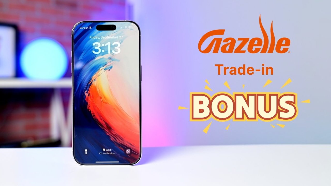 iPhone with colorful swirl wallpaper on screen, promotional text for Gazelle trade-in bonus on right side, blurred background.
