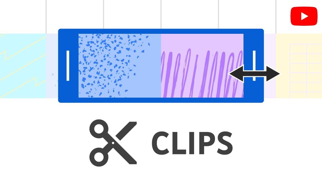 A diagram of a blue smartphone with abstract patterns and arrows, below is a scissors icon and the word CLIPS.