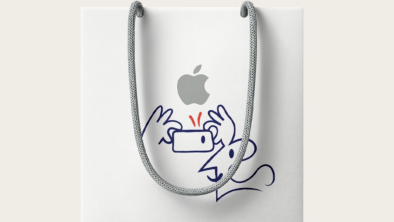 White shopping bag with Apple logo, featuring a blue line-drawn character holding a phone with red lines indicating action, and gray rope handles.