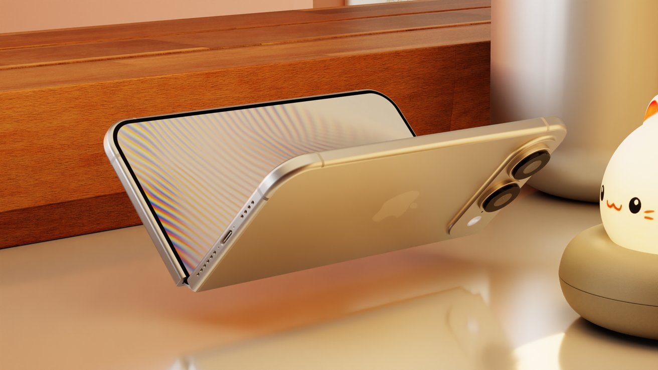 Smartphone with dual cameras and a curved display on desk, accompanied by a small cute lamp, against a wooden backdrop.