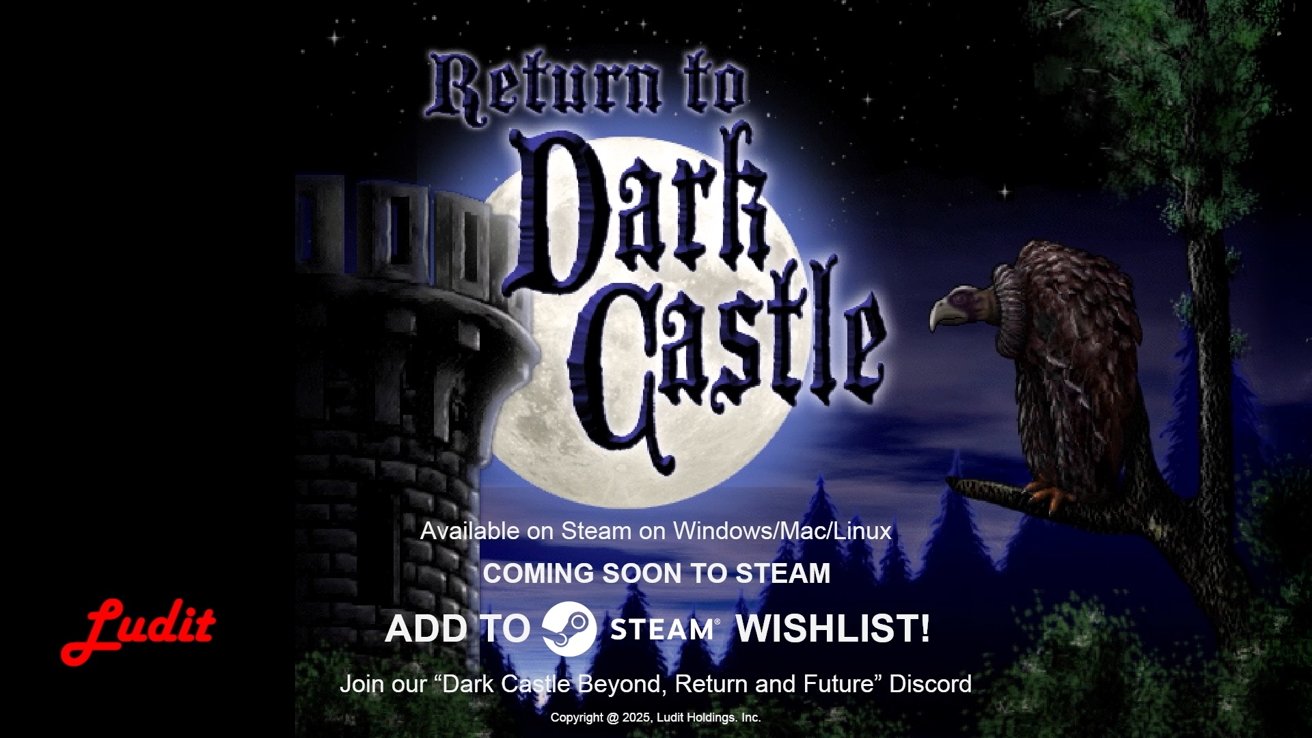 Night scene with a looming stone castle tower, full moon, perched vulture, and text promoting Return to Dark Castle coming soon to Steam with wishlist and Discord information