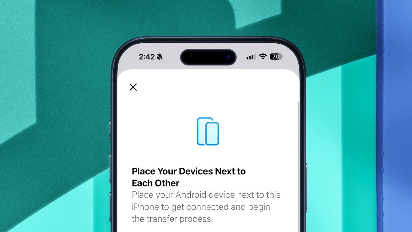 iPhone screen showing setup instructions that say Place Your Devices Next to Each Other for transferring data from an Android device, against a teal and blue geometric background