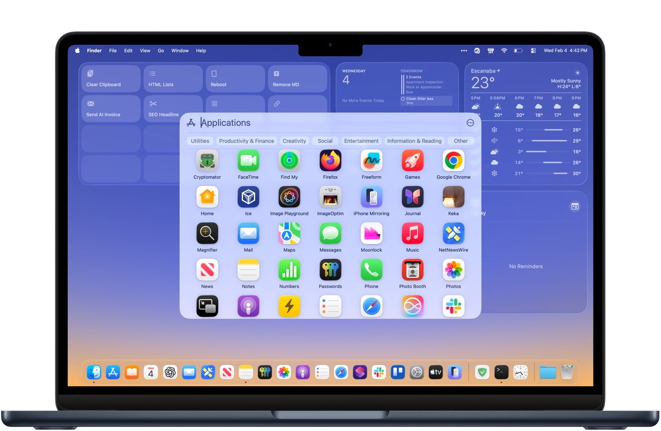 macOS Tahoe desktop showing Spotlight-based app browsing with translucent interface elements.