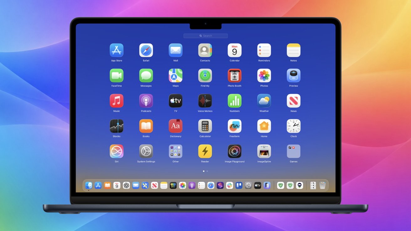 Open MacBook laptop displaying macOS Launchpad with colorful app icons on a blue background, set against a vibrant multicolor gradient desktop backdrop