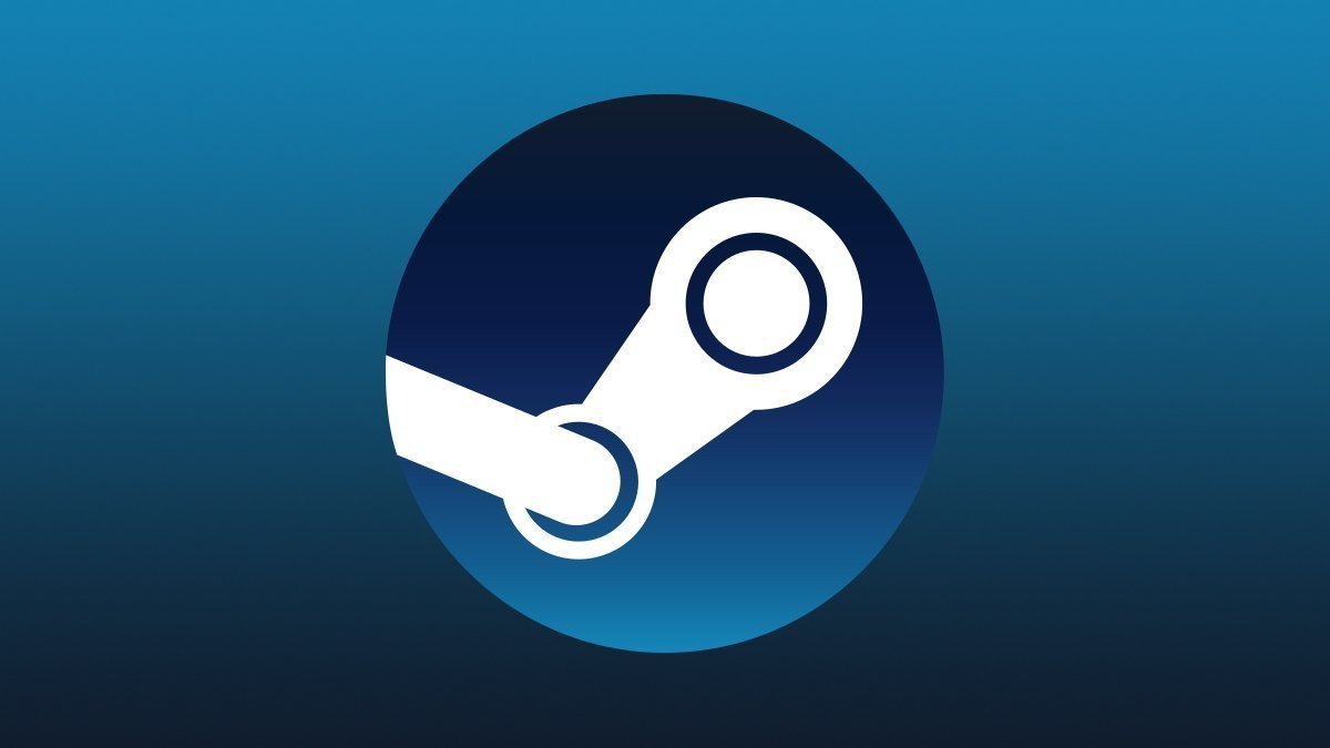 White stylized mechanical arm with circular joints forming the Steam logo, centered inside a dark blue circle on a gradient blue background