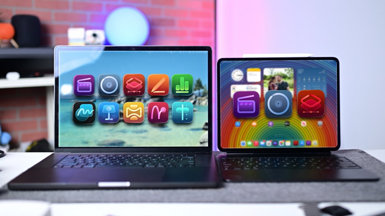 A MacBook Pro and iPad Pro displaying the icons for all of the apps included in Apple Creator Studio