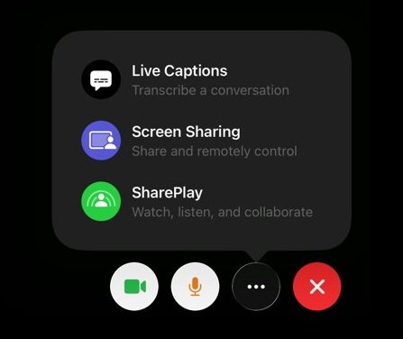 Smartphone call control menu showing options for live transcripts, screen sharing and sharing above circular buttons for camera, microphone, more options and end call on a dark background