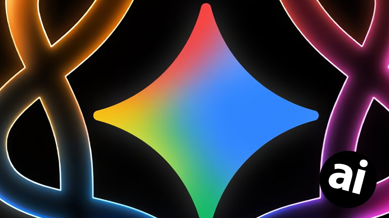 Colorful glowing diamond with rainbow gradient centered on black background, surrounded by looping neon ribbons, and a small black circle in the corner containing lowercase letters ai