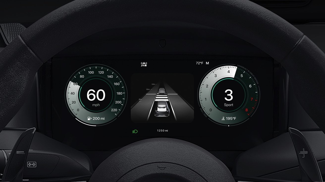 Digital car dashboard showing 60 mph speed, 200 miles fuel range, lane-keeping graphic with nearby vehicles, 3rd gear in Sport mode, 72F temperature, and 195F engine temperature within a steering wheel view