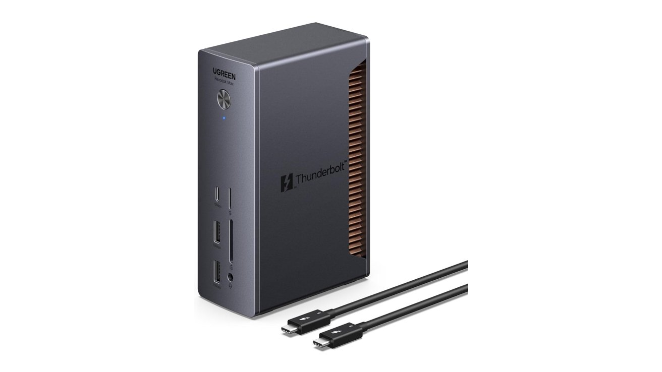 Vertical UGREEN Thunderbolt docking station with multiple front ports, power button, side copper cooling vents, and two included USBC Thunderbolt cables placed in front.