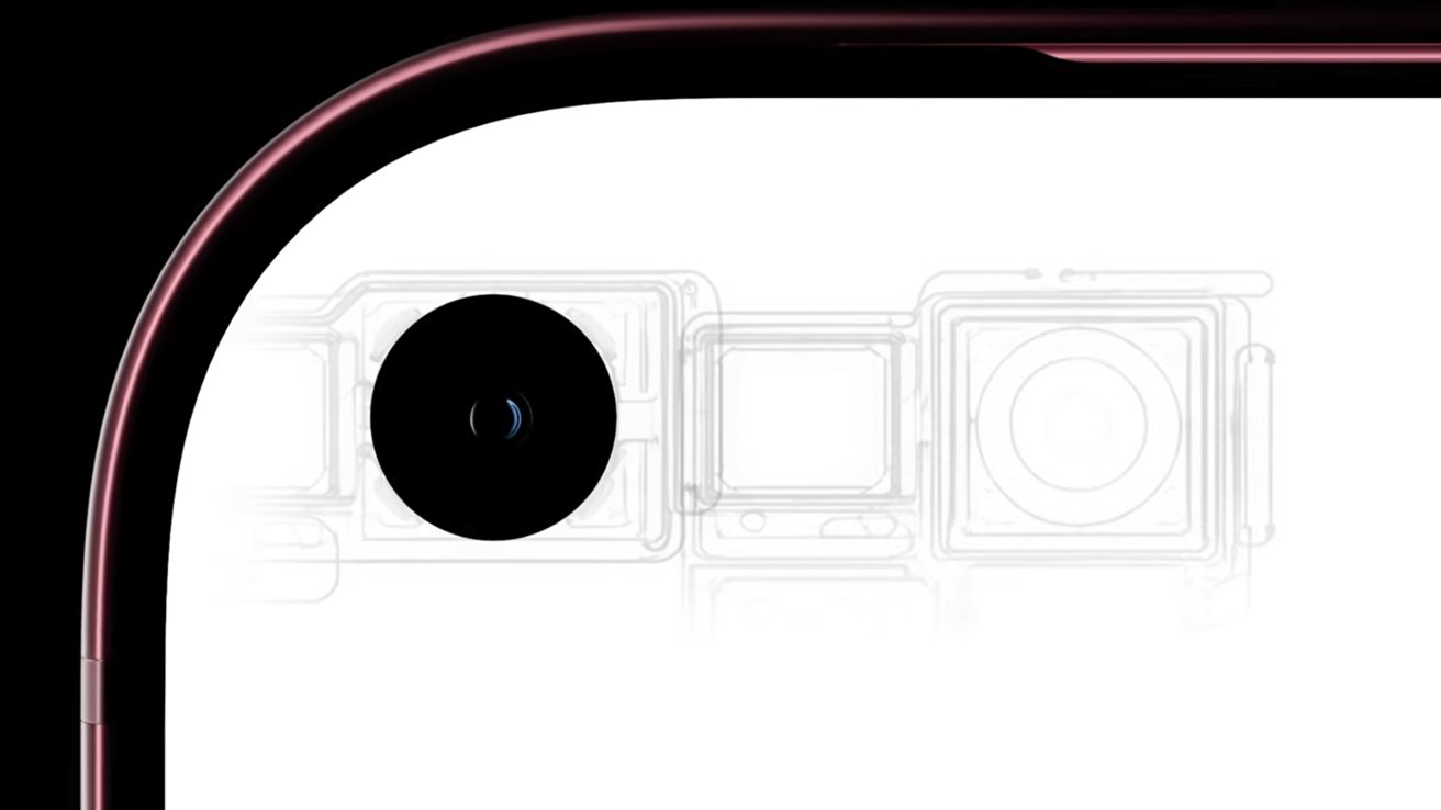 Close-up of a smartphone corner showing a circular front camera cutout, with faint technical outlines of internal camera components on a bright white background.
