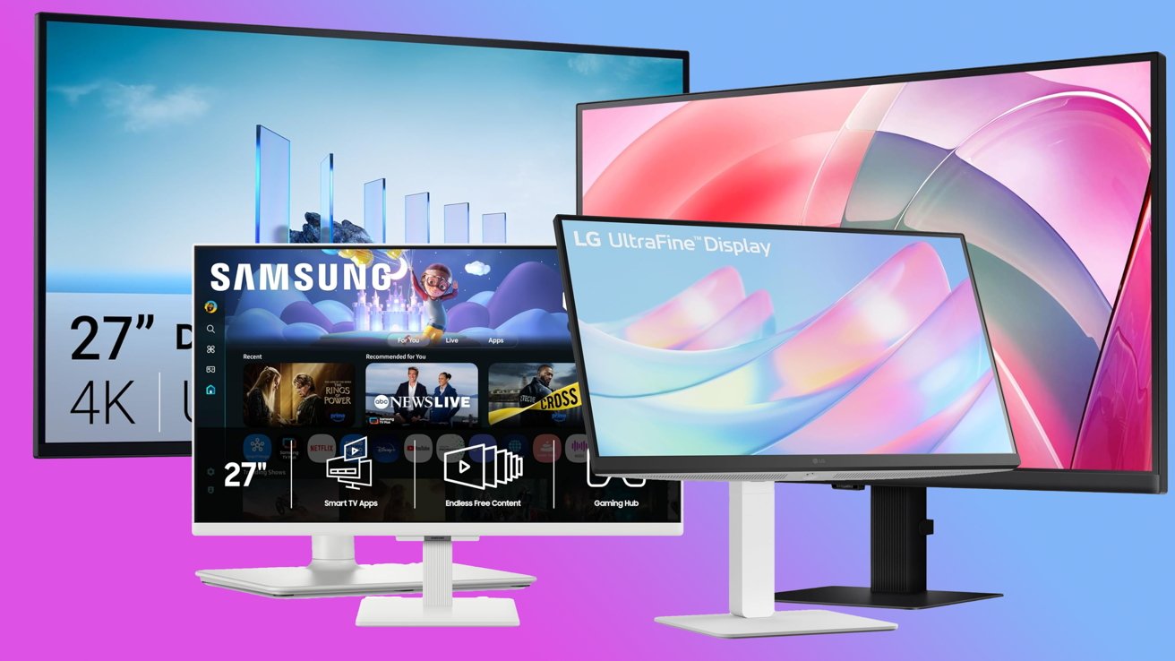 Several computer monitors from Samsung and LG arranged overlapping, displaying colorful screens and streaming content, against a gradient blue and pink background suggesting a tech product comparison or advertisement