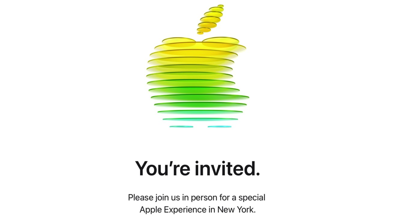 Stylized layered yellow and green Apple logo above bold text reading You're invited, followed by smaller text inviting guests to a special Apple Experience event in New York