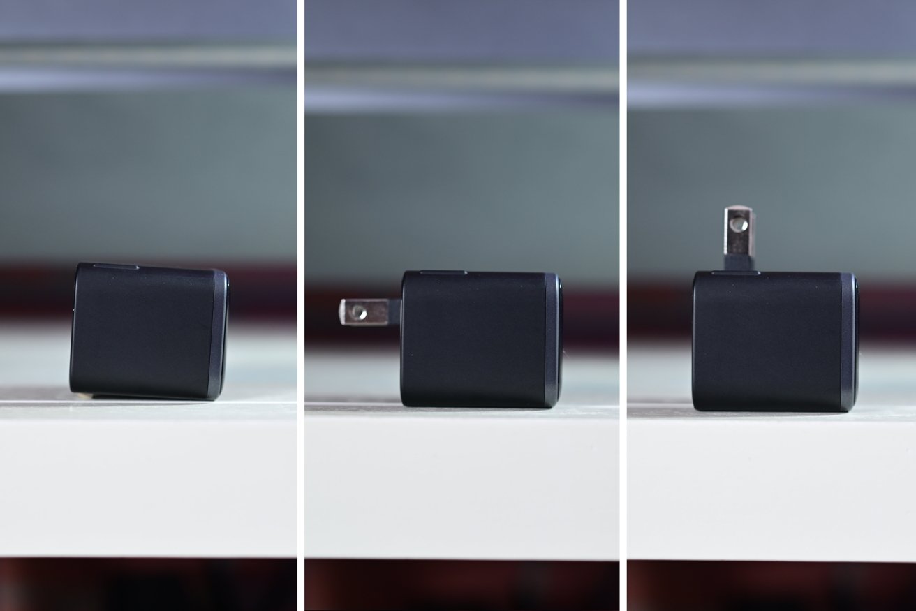 Three sidebyside views of a black wall charger on a white surface, showing its metal plug folded in, partially extended, and fully extended against a blurred background