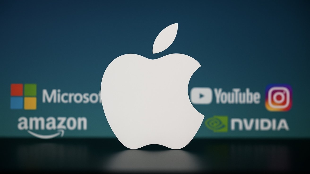 Large white Apple logo centered, with blurred logos and names of major tech companies including Microsoft, Amazon, YouTube, Instagram, and Nvidia in the colorful background