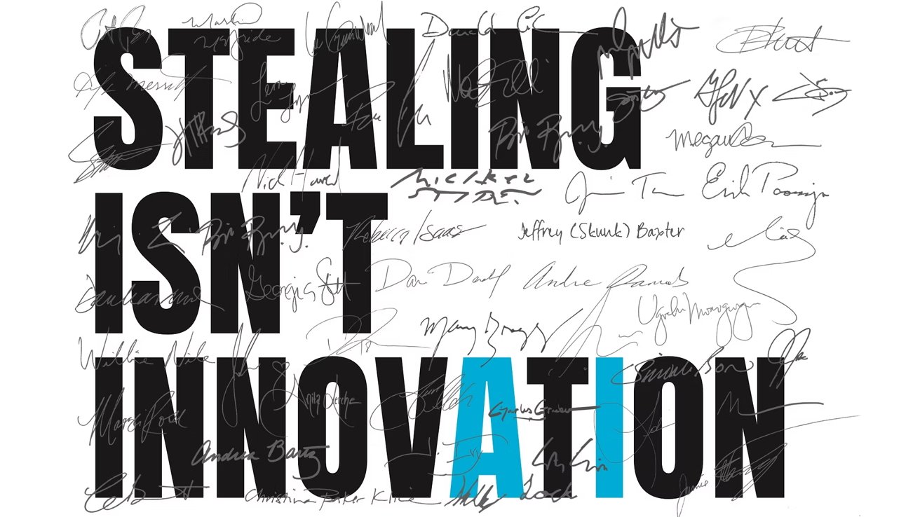 Large bold text reading STEALING ISN'T INNOVATION, with the letters AI bright blue, covered by numerous overlapping handwritten signatures in black ink.