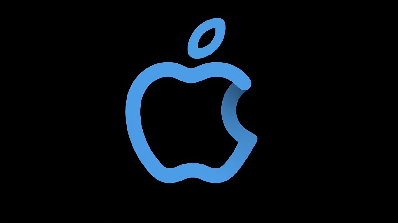 Blue outlined apple logo with a bite taken out on the right side and a detached leaf above, centered on a solid black background