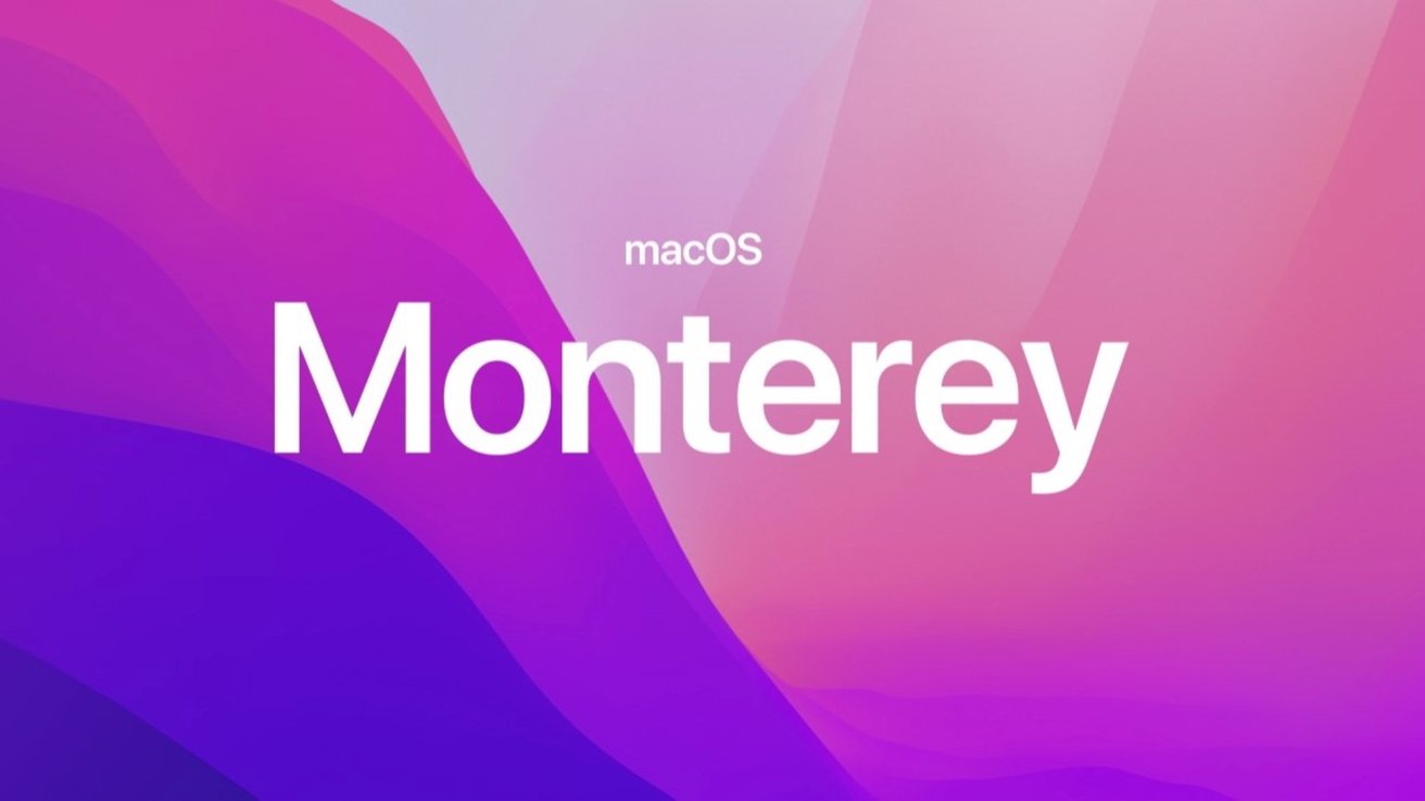 macOS Monterey logo text centered over a smooth gradient background of pink, purple, and blue abstract waves and curves