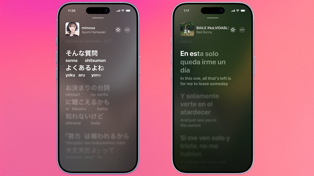 Two smartphones on a pink gradient background, each displaying full-screen Apple Music karaoke-style lyrics: one in Japanese with romaji, the other in Spanish with English translation underneath.