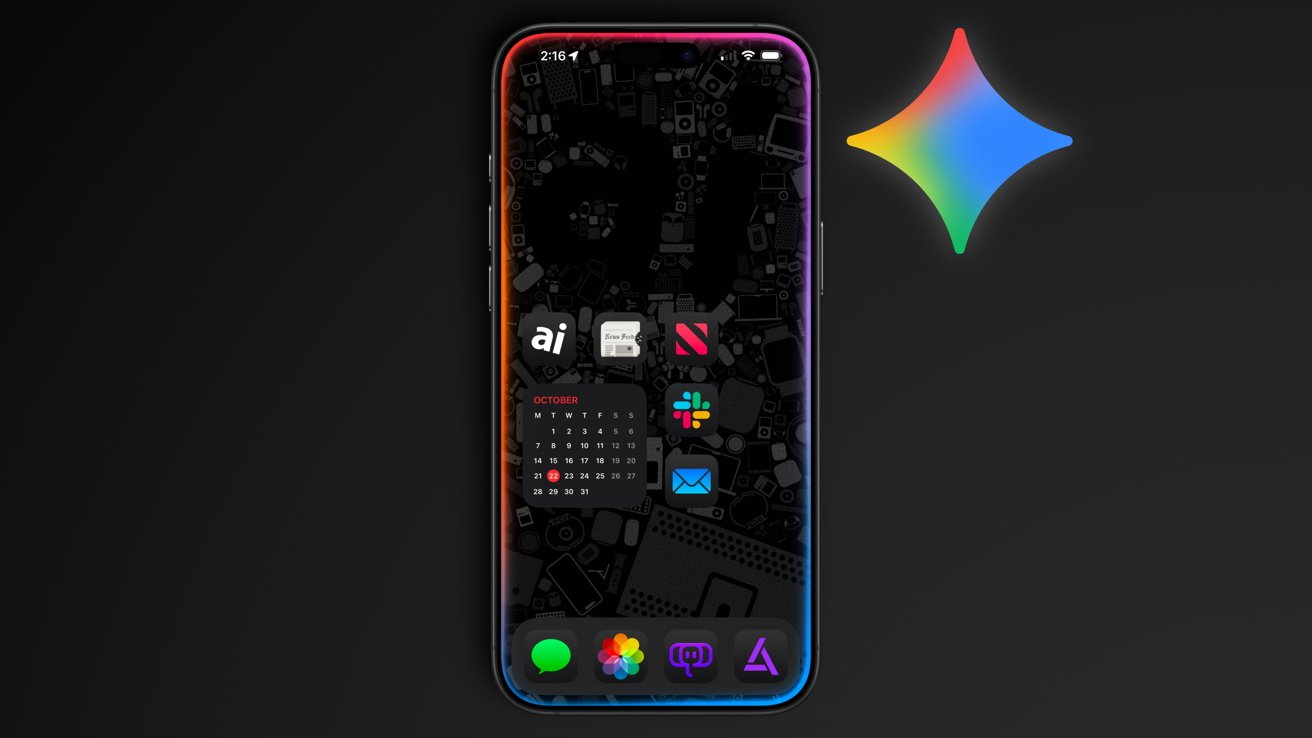 An iPhone with a dark Home Screen with various icons showing a rainbow light around the display signifying a Siri summon, and Gemini's rainbow star logo off to the side