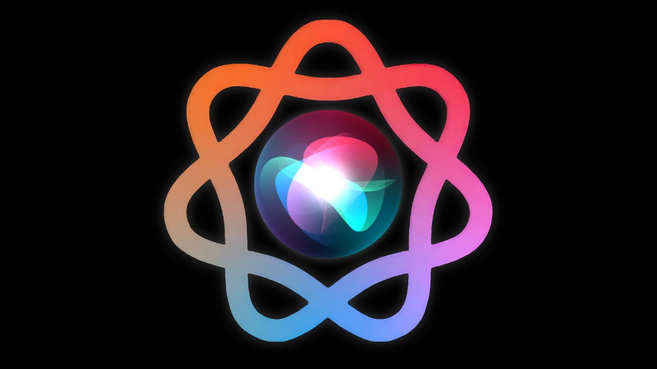 Colorful glowing Siri orb centered inside a looping neon atom-like ring on a black background, blending blue, teal, pink, purple, and orange gradients
