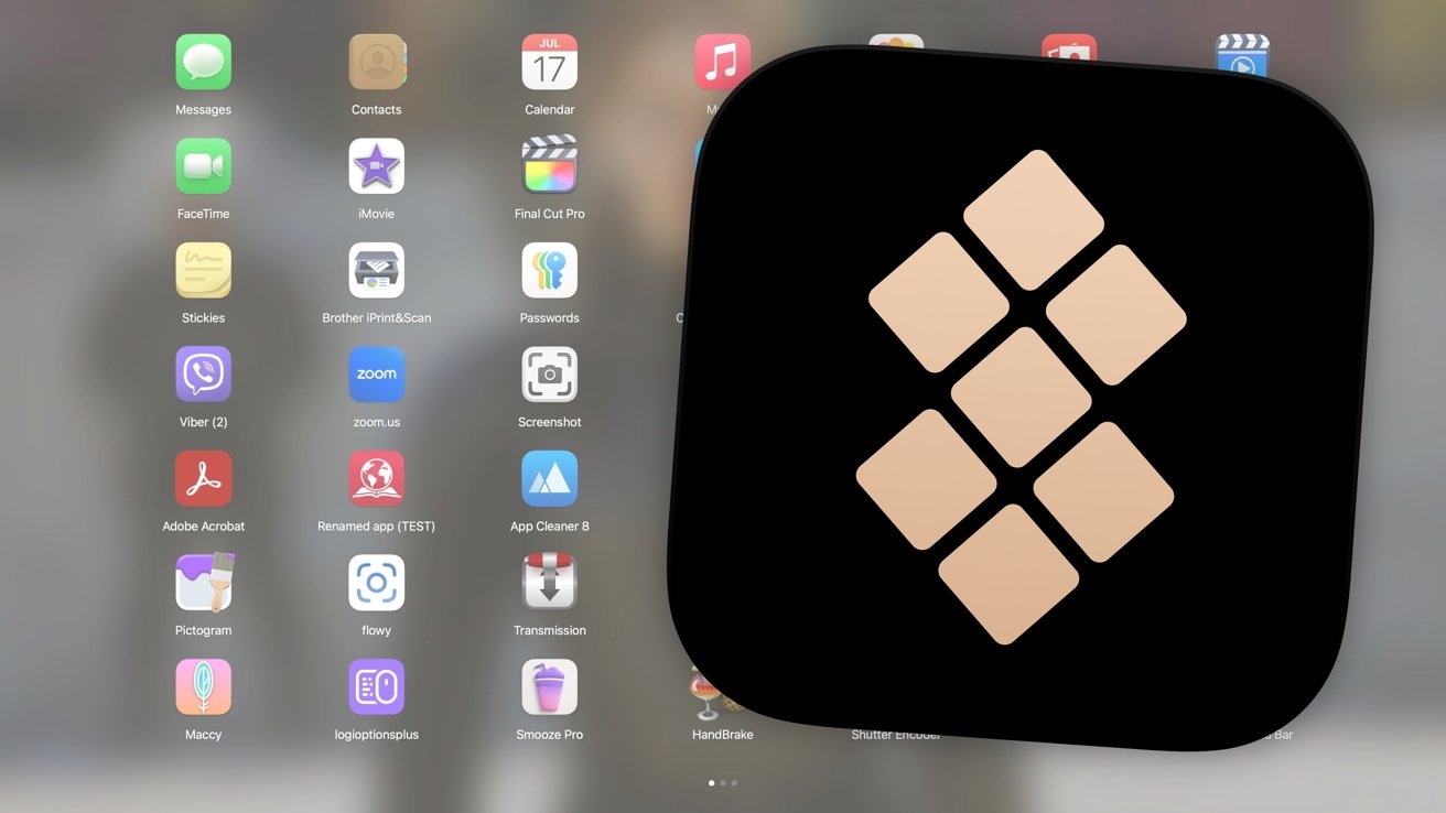 Large black app icon with nine beige diamond tiles centered over a blurred desktop showing various colorful Mac application icons arranged in rows on a light background