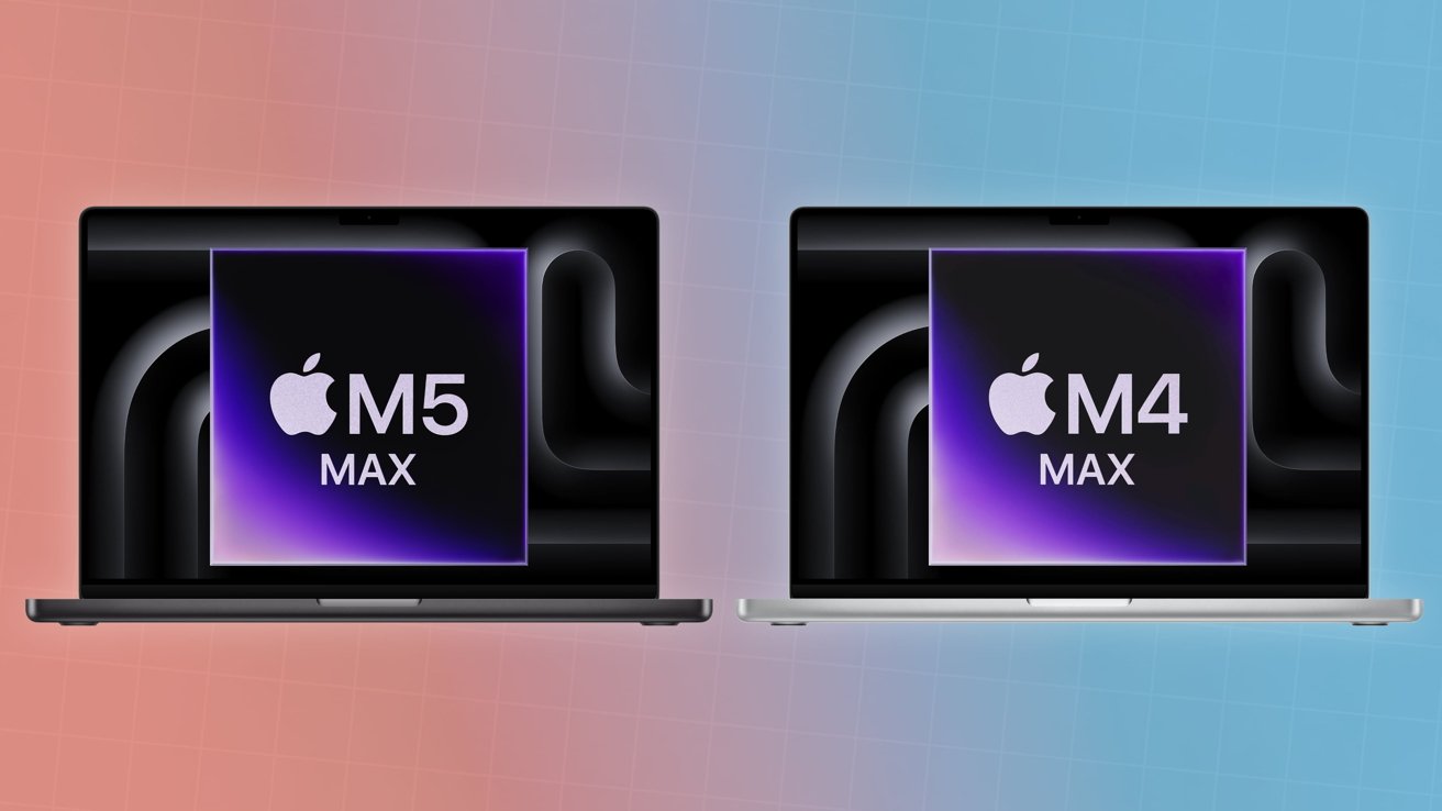 Two MacBook laptops side by side, each showing a glowing purple chip graphic labeled Apple M5 Max on the left and Apple M4 Max on the right, against a split red-blue gradient background