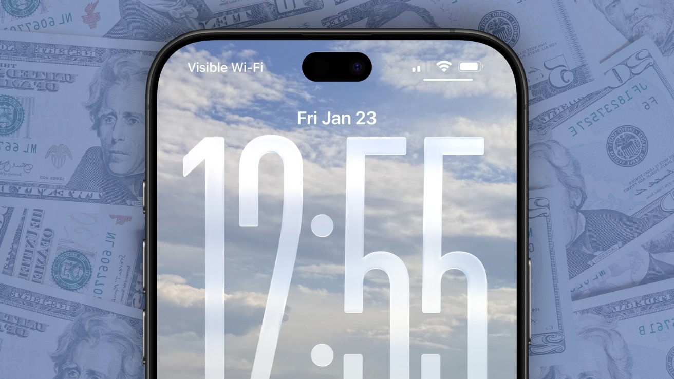 Close-up of smartphone lock screen showing 12:55 and Fri Jan 23 over a cloudy sky wallpaper, with front camera cutout visible, lying on scattered US dollar bills