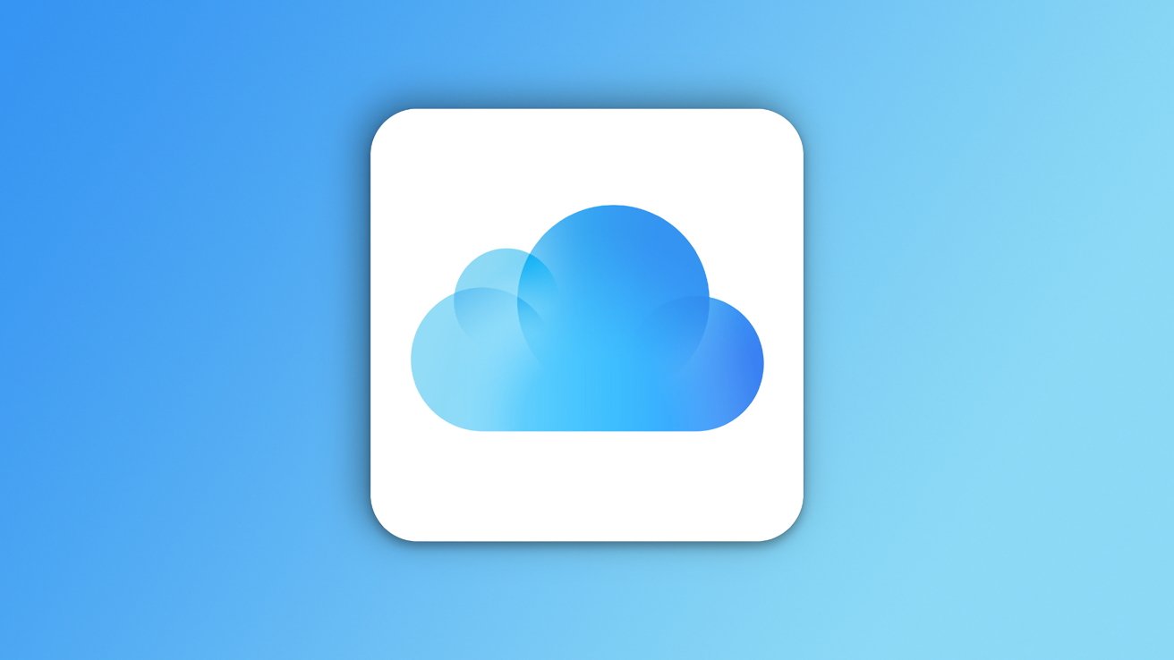 Blue cloud icon with overlapping translucent circles centered on a white rounded square, set against a smooth blue gradient background, representing digital cloud storage or cloud services