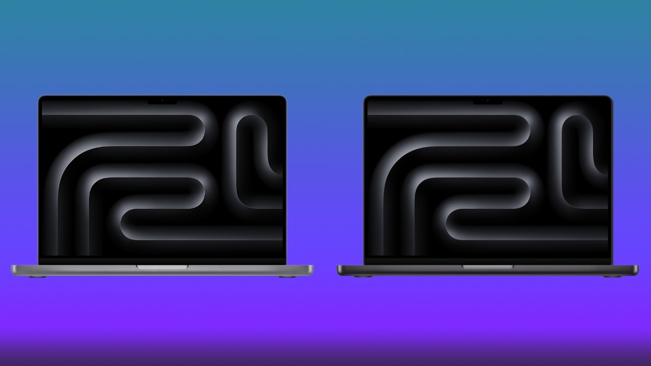 Two open laptops side by side on a blue to purple gradient background, each screen displaying a dark abstract maze-like pattern with smooth, rounded rectangular paths