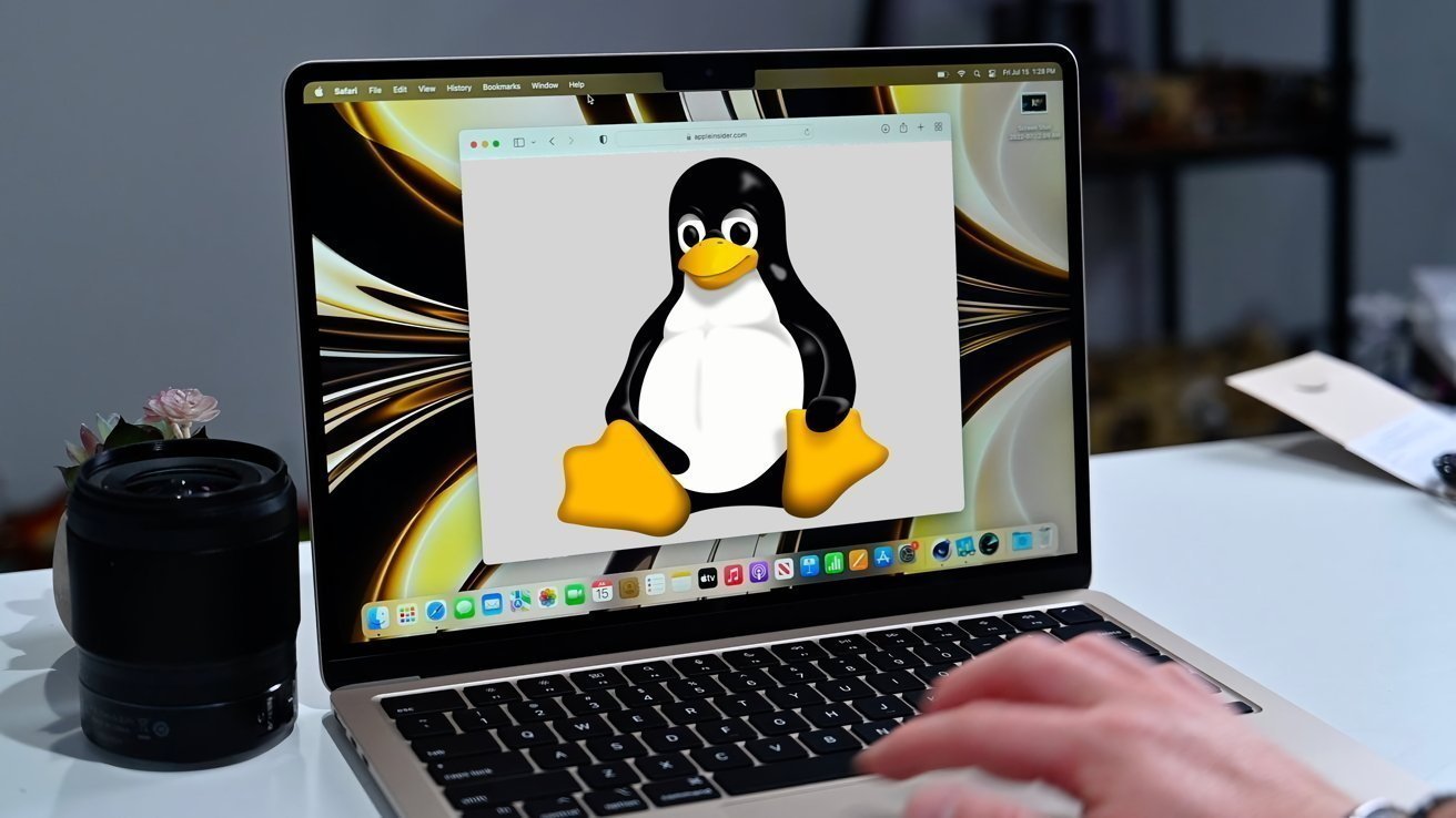 Person using a MacBook laptop displaying the Linux Tux penguin logo in a browser window, with a camera lens and small plant on the desk beside the computer