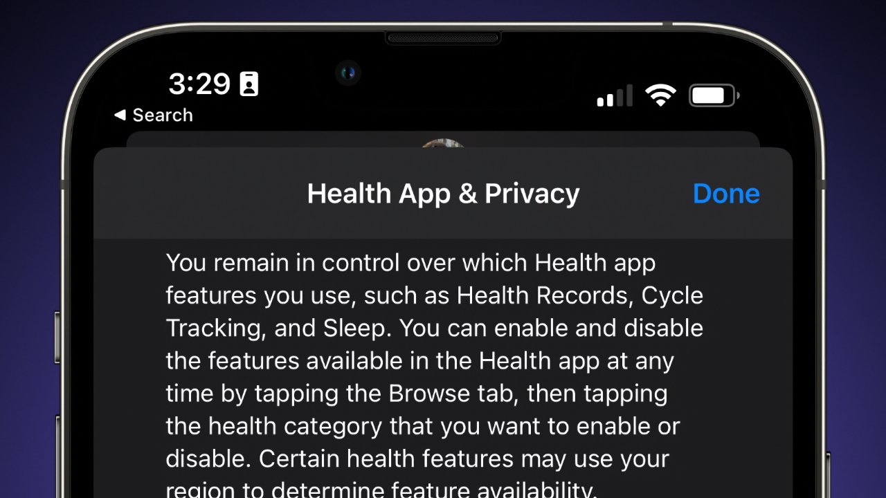 iPhone screen showing Health App and Privacy notice, with explanatory text about controlling health features, a Done button at top right, and status icons along the top edge