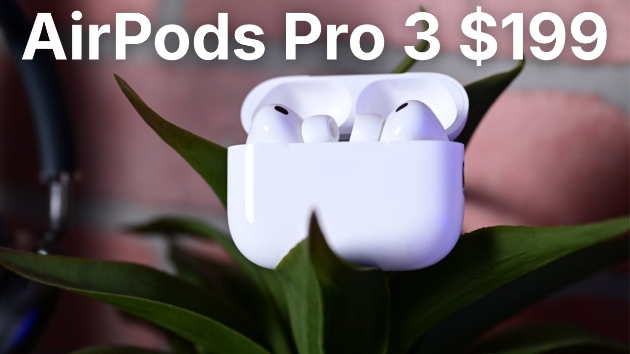 White AirPods Pro 3 in an open charging case resting on green plant leaves, with large text above reading AirPods Pro 3 $199 against a blurred brick background