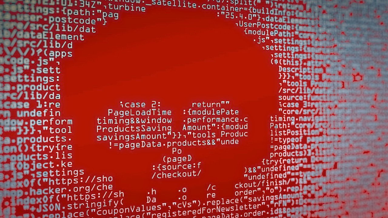 Red skull shape formed by dense white computer code characters on a red and gray background, suggesting technology, programming, or cybersecurity with a romantic or emotional theme
