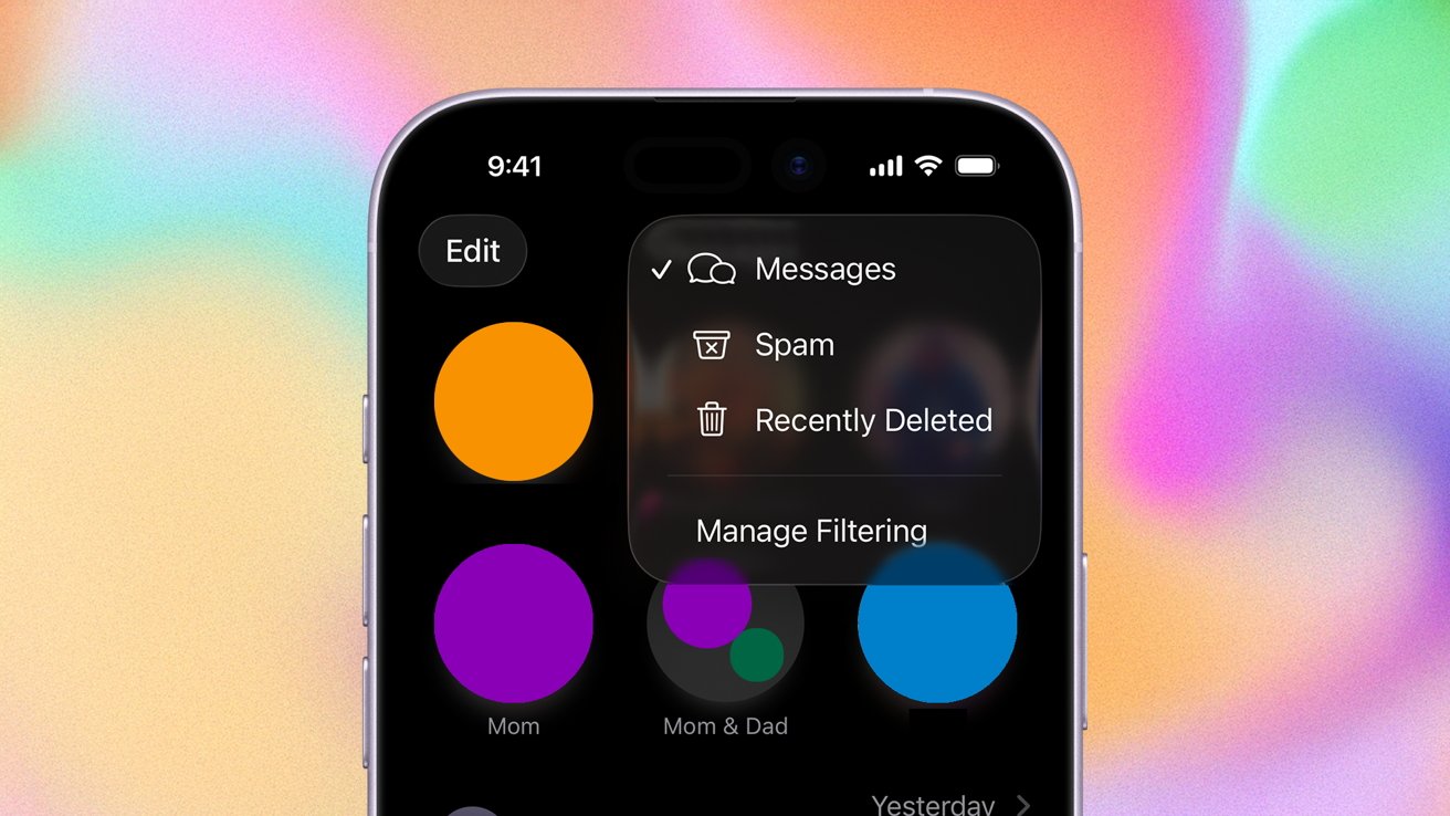 Close-up of an iPhone Messages screen showing a dropdown menu with options: Messages, Spam, Recently Deleted, and Manage Filtering, over colorful circular contact icons and a blurred pastel background
