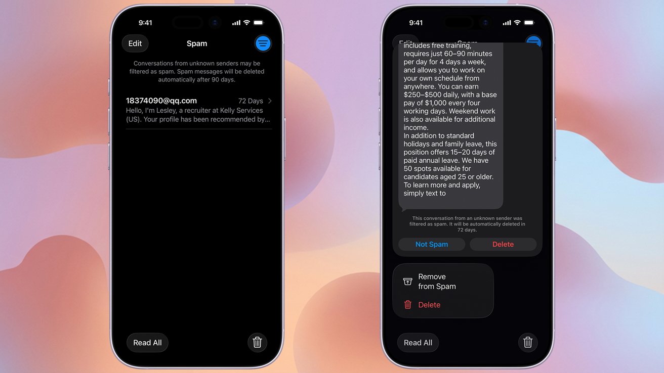 Two iPhones showing spam folder Messages in dark mode and detailed job posting scam text with options to mark as not spam, remove from spam or delete.
