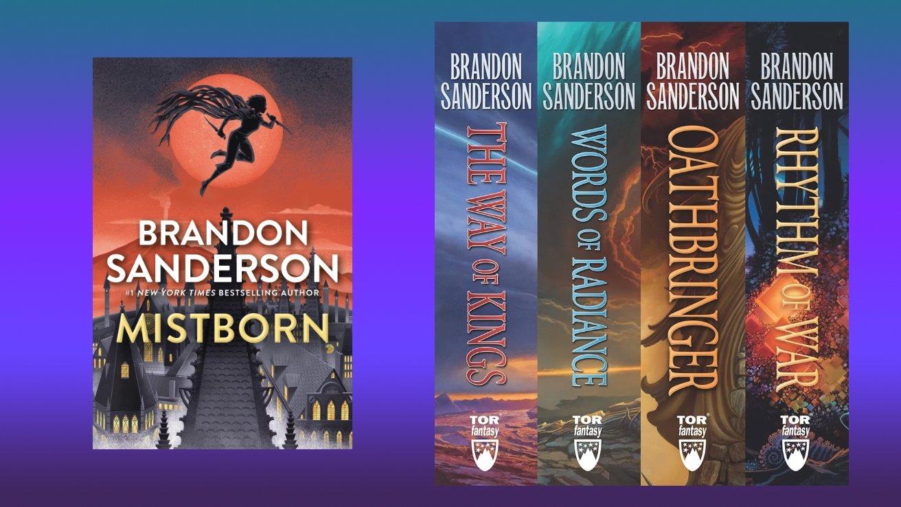 Book covers of Brandon Sanderson novels: Mistborn on the left with a leaping figure over a city, and four Stormlight Archive titles vertically aligned on the right.