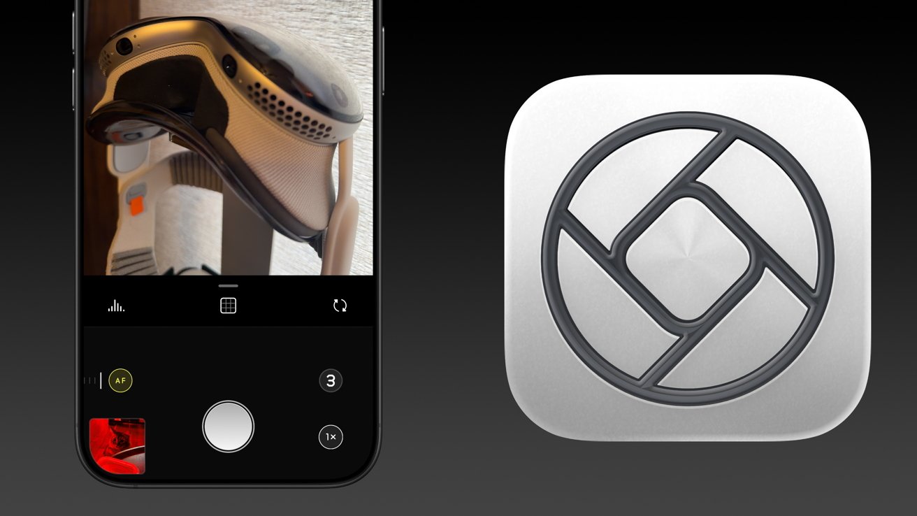 The Halide app open taking a photo of Apple Vision Pro by the Halide logo on a dark background