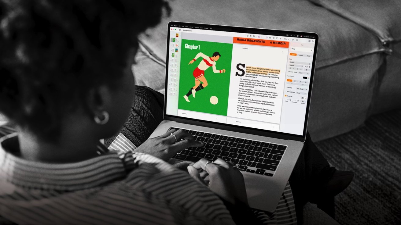 Person sitting on a couch using a laptop, editing a colorful book page showing a soccer player illustration and chapter text on a writing or design application interface